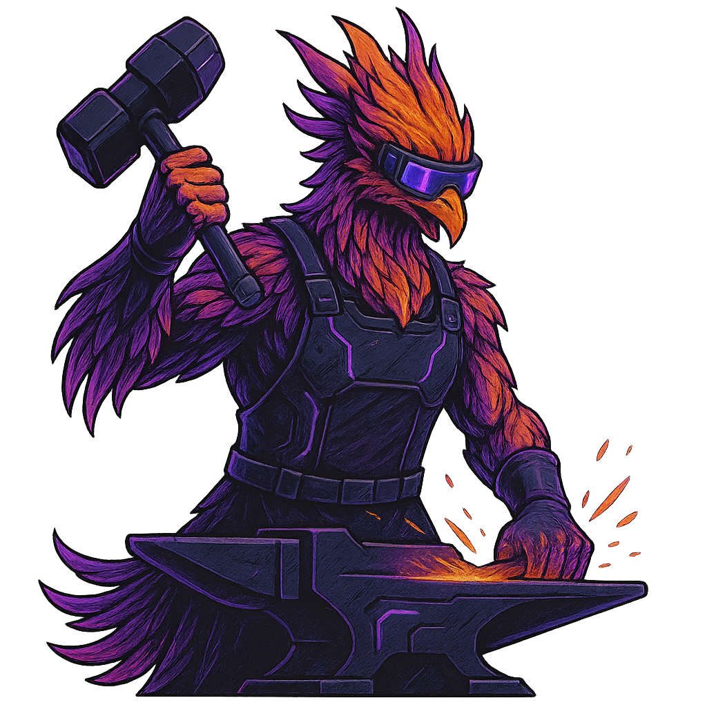 Neon Forge Digital Mascot; a cyberpunk phoenix blacksmith