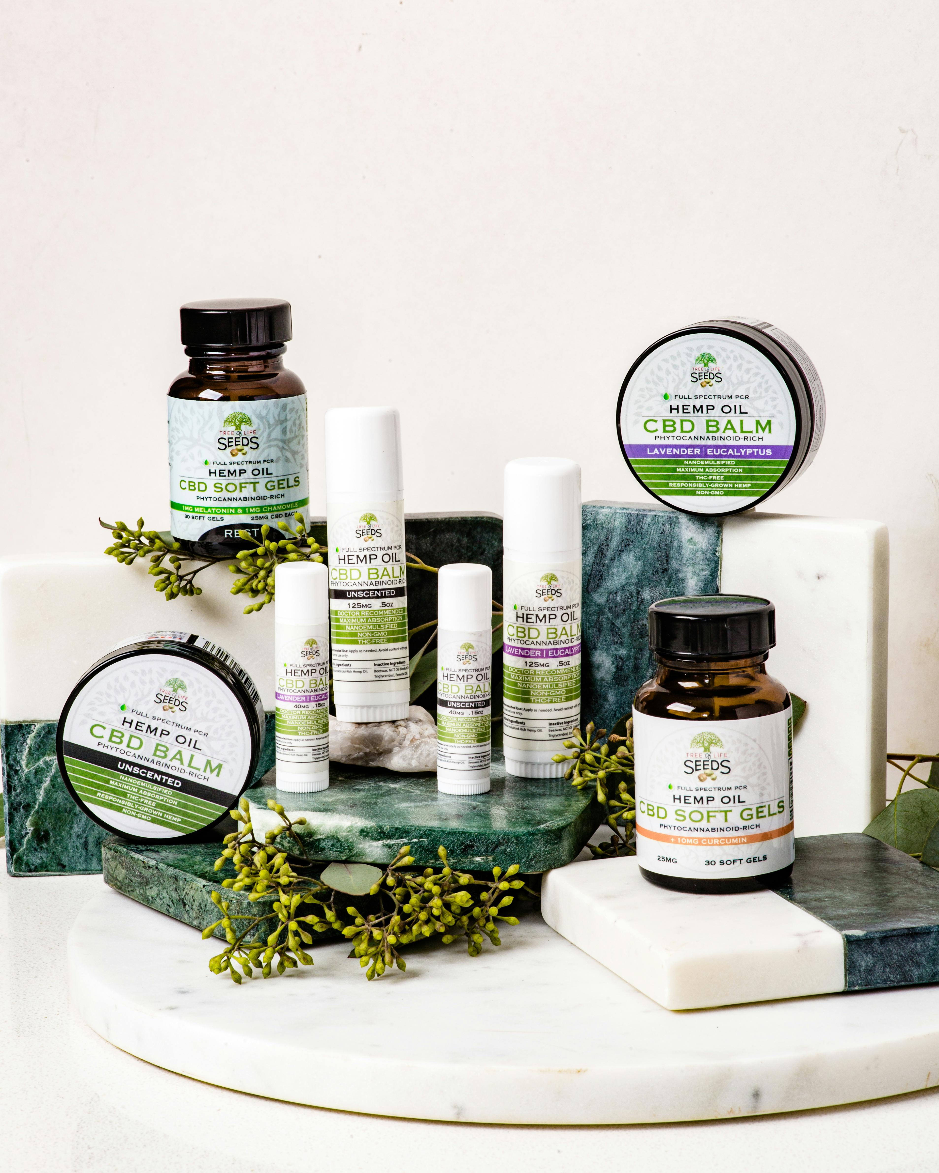 Hemp products laid out nicely on a table for a retail display or photoshoot.